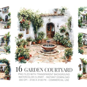 Clipart di cortili con giardini spagnoli, 16 patii acquerellati con fontane e piante per decorazioni rustiche, diari e artigianato mediterraneo