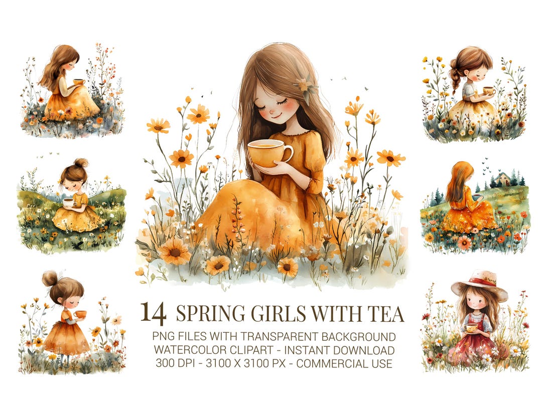 Spring Girl Watercolor Clipart: Floral Tea Party (digital Download) - Etsy