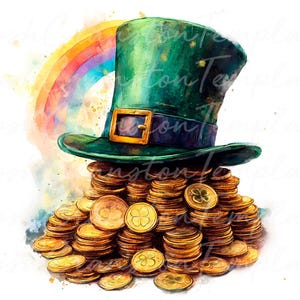 12 Cappello da folletto ad acquerello e monete d'oro, stampa digitale di arcobaleno e pentola d'oro, arte murale per il giorno di San Patrizio, decorazioni festive, portafortuna