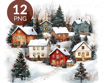 Watercolor Christmas Village Clipart: Junk Journal PNGs (Digital Download)