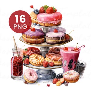 Vintage Desserts, 16 Watercolor PNGs for Junk Journal, Digital Download, Paper Craft, High Quality Clipart