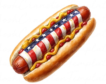 Patriotic Hot Dog Watercolor Clipart: 4th of July PNG JPG Bundle (Digital Download)