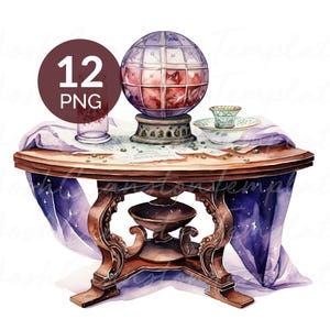 Puede incluir: Ilustración en acuarela de una mesa redonda de madera con patas ornamentadas, cubierta con una tela morada. Una bola de cristal está sobre la mesa, junto con una taza de té y un platillo. La imagen incluye el texto "12 PNG".