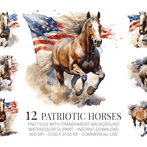 Clipart chevaux patriotiques, 12 chevaux de course aquarelle avec drapeaux pour sublimation du 4 juillet, décoration cow-boy et modèles imprimables