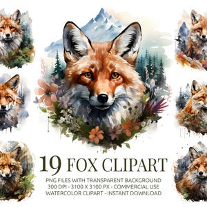 Pacchetto Clipart Volpe - 19 illustrazioni di volpi della foresta ad acquerello PNG / Clipart di animali del bosco carini / Volpe selvatica PNG / Download istantaneo
