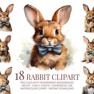 Set di clipart di conigli - 18 coniglietti acquerellati con papillon in formato PNG - Elegante arte di conigli per decorazioni per baby shower, lavoretti per bambini e sublimazione di animali