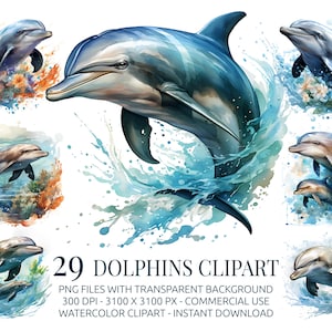 Watercolor Dolphins Clipart Bundle – 29 Realistic Dolphin PNGs with Ocean Backgrounds, Transparent Files, Instant Download, 300 DPI