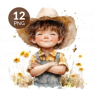 Watercolor Farm Boys Clipart: Vintage Straw Hats PNGs (Digital Download)
