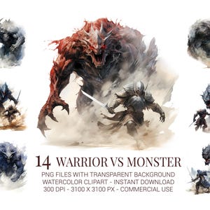 Guerriero contro mostro Clipart PNG / Illustrazioni di battaglie fantasy epiche / Cavaliere medievale contro creatura / Arte ad acquerello per sublimazione