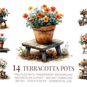 Clipart terracotta potten, 14 aquarelpotbloemen op banken en stoelen voor tuindecor, lenteknutsels en rommeltijdschriften