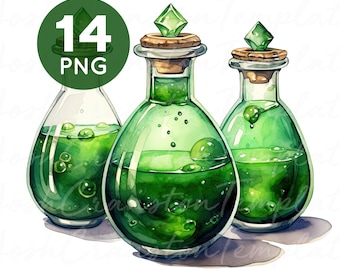 Botellas de poción mágica de acuarela PNG Clipart: Gráficos de revista basura (Descarga digital)