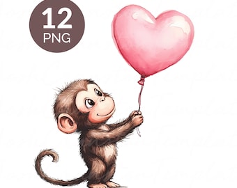 Singe, coeur, ballon Clipart aquarelle