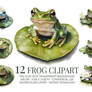 Pacote de Clipart de Sapo - 12 PNGs de Sapo em Aquarela em Lírios e Flores - Clip Art de Anfíbios Fofos para Artesanato, Crianças e Projetos de Natureza