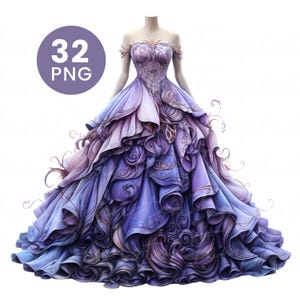 Magic Princess Dresses – 32 Watercolor PNGs for Junk Journal, Digital Download, Paper Craft, High Quality Clipart, Gown Illustration Set