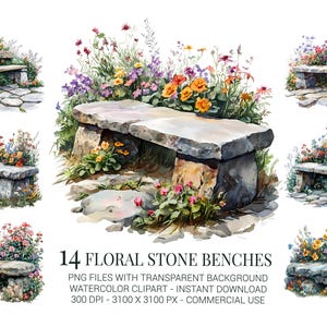 Floral Stone Bench Clipart Set, 14 Garden Bench PNG Watercolor, Rustic Garden Scene Clip Art for Scrapbooking, Invitations & Crafts