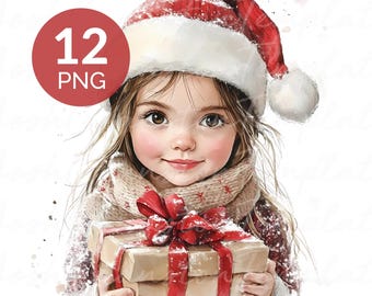 Christmas Girls Watercolor Clipart: Junk Journal PNGs (Digital Download)