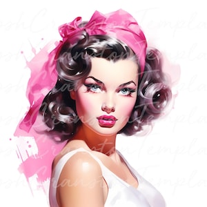17 Vintage Glamour Girl Art Print, Retro Pinup Lady Digital Download, Mid Century Modern Wall Art, Classic Beauty Illustration Poster
