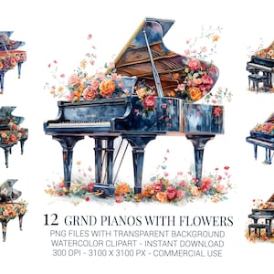 Clipart di pianoforte a coda con fiori, 12 PNG di pianoforti floreali acquerellati per lavoretti a tema musicale, diari di scrapbooking, biglietti e inviti