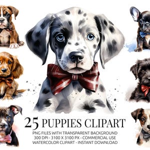 Pacchetto Clipart Cuccioli - 25 adorabili PNG di cani acquerellati con fiocchi - Clipart di animali domestici per sublimazione, biglietti, cameretta e artigianato