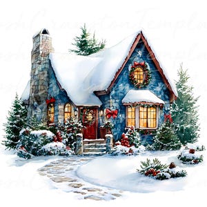 12 Christmas Cottage Digital Download, Snowy House and Decorated Tree Illustration, Holiday Printable Wall Art, Winter Wonderland Scene