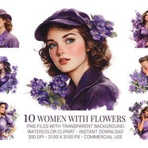 Clipart di donne con fiori, 10 eleganti ritratti ad acquerello di donne vintage con fiori viola per artigianato, sublimazione e biglietti
