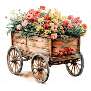16 Aquarell Blumen Wagen Wandkunst, Bunte Blumen Wagen Digitaldruck, Vintage Blumenwagen Printable, Sofortiger Download Kunstdekor