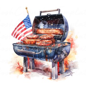 May include: A watercolour illustration of a blue barbecue grill with steaks cooking. An American flag is in the background. The grill is open, and smoke rises from the food. The image has a watercolour effect, with red and orange accents.