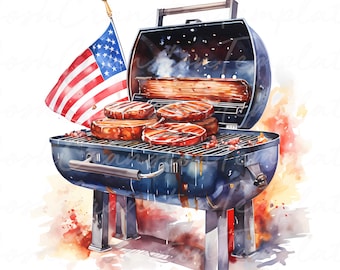 Imágenes prediseñadas de parrillas patrióticas para barbacoa, PNG de acuarela del 4 de julio (descarga digital)
