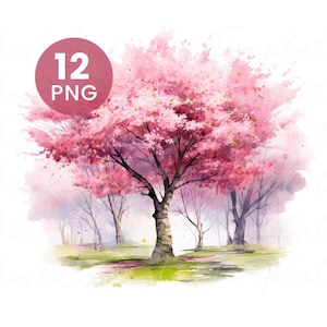 Cherry Blossom Trees PNGs, 12 Watercolor PNGs for Junk Journal, Digital Download, Paper Craft, High Quality Clipart, Printable Art