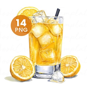 May include: Watercolor illustration of a refreshing drink in a tall glass with ice cubes and a black straw. The drink is garnished with a lemon slice and surrounded by lemon halves. An orange circle with the text "14 PNG" is in the upper left.
