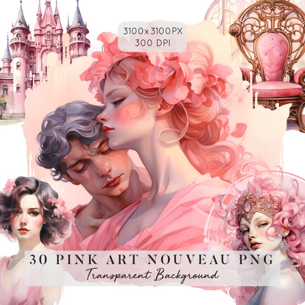 30 Pink Art Nouveau Clipart, Watercolor Art Nouveau with Transparent Background, woman, couple, armchair, castle, lamp, perfume, crown, shoe