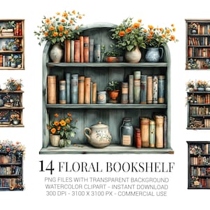 Floral Bookshelf Clipart Bundle, 14 Watercolor Bookshelves with Flowers PNGs, Vintage Library Decor Clip Art for Crafts & Printing