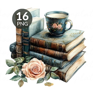 Set di libri e tè in formato PNG con acquerelli