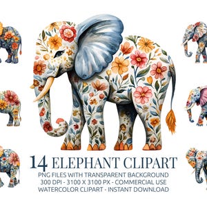 Bundle de cliparts éléphant floral - 14 éléphants aquarelles PNG avec fleurs - clipart animaux de la jungle pour projets de chambre d'enfant et de décoration bohème