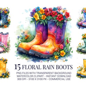 Floral Rain Boots Clipart, 15 Colorful Watercolor Rubber Boots with Flowers for Spring Crafts, Sublimation & Garden-Themed Decor