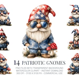 Clipart de gnomes patriotiques, 14 PNG aquarelles de gnomes du 4 juillet avec des étoiles, des chapeaux, des champignons et des lunettes de soleil pour des travaux manuels festifs