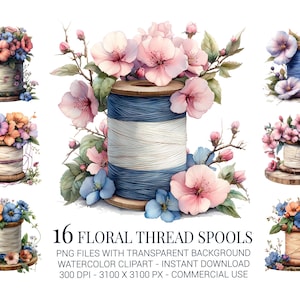 Clipart di rocchetti di filo floreali, 16 illustrazioni ad acquerello di rocchetti di filo da cucito vintage con fiori per artigianato, scrapbooking e sublimazione