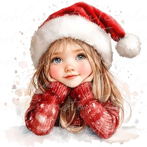 12 stampe artistiche di bambine di Natale, illustrazioni per bambini in vacanza, decorazioni murali con cappello di Babbo Natale, download digitale per bambini in festa, decorazioni invernali
