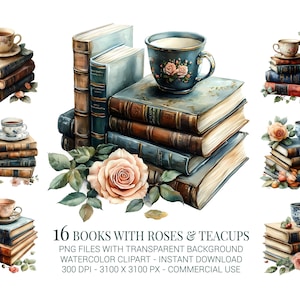 Set di clipart di libri con rose e tazze da tè, 16 romantiche immagini PNG di libri acquerellati per diari spazzatura, scrapbooking e progetti di tè vintage.