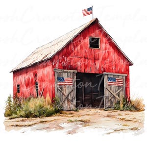 Patriotic Barn Watercolor Clipart, Rustic Americana PNG JPG (Digital Download) image 4