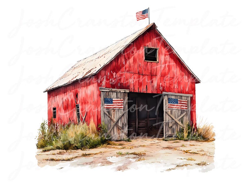 Patriotic Barn Watercolor Clipart, Rustic Americana PNG JPG (Digital Download) image 4