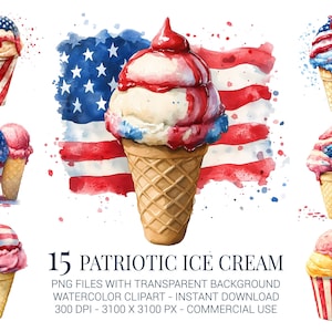Patriotic Ice Cream Clipart Set, 15 Watercolor Red White Blue Ice Cream PNGs for 4th of July Crafts, Party Decor & Sublimation Designs