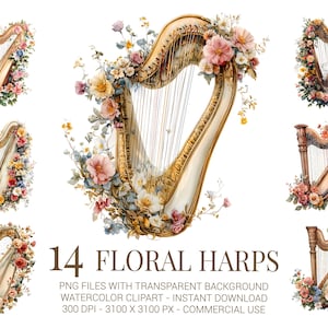 Floral Harps Clipart, 14 Watercolor Vintage Harps Decorated with Flowers for Music Cards, Romantic Decor & Junk Journals