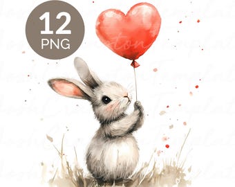 Conejito con globo de corazón en acuarela PNGs para revistas basura y manualidades