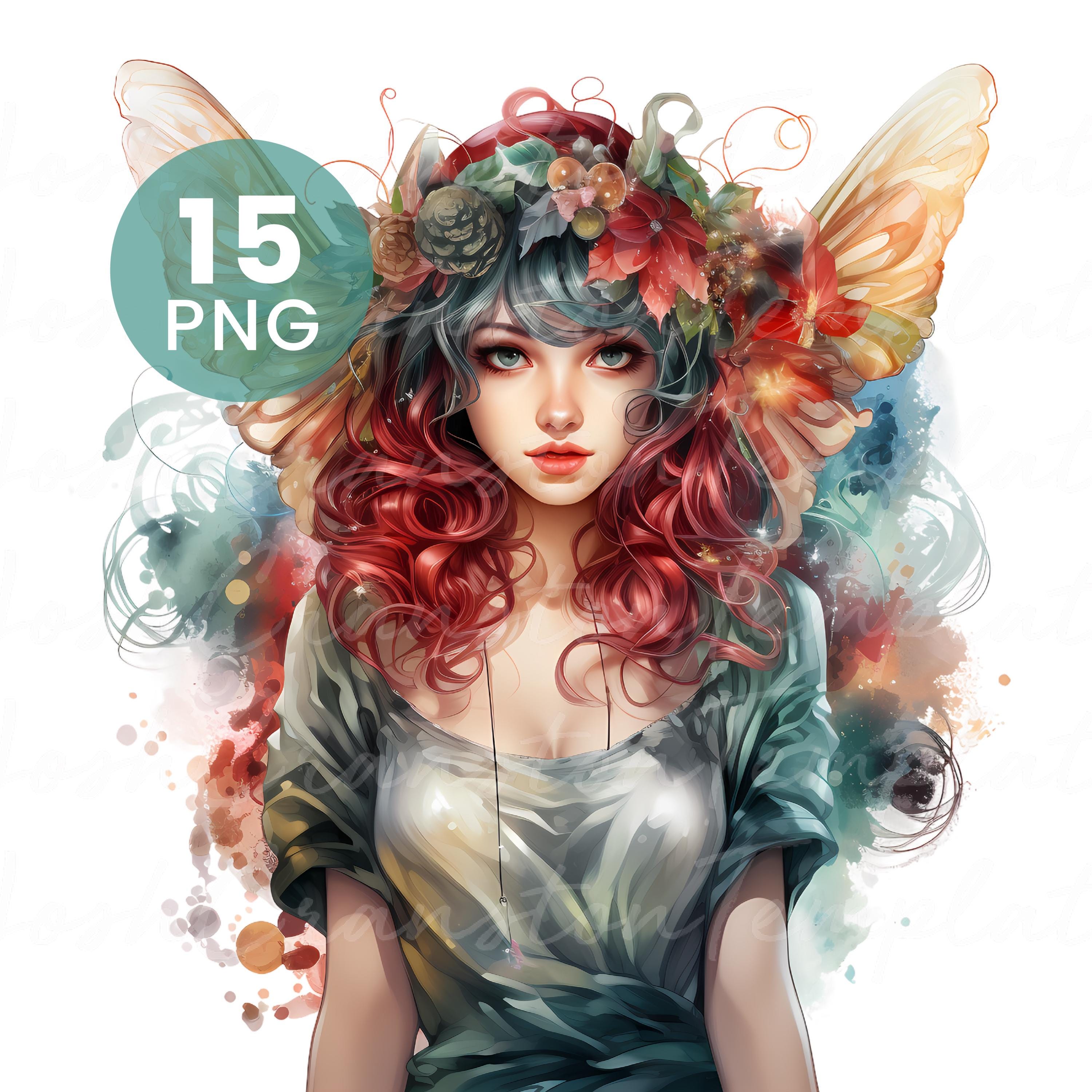 水彩画の妖精の女性のイラスト：ジャンクジャーナルPNG（デジタル