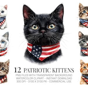 Ensemble de 12 cliparts chatons patriotiques, 12 chats aquarelles avec des bandanas drapeau des Etats-Unis PNG pour créations artisanales du 4 juillet, autocollants et art de la sublimation