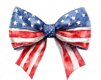 Patriotic Watercolor Bow Clipart – American Flag Ribbon PNG (Digital Download)