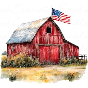 Patriotic Barn Watercolor Clipart, Rustic Americana PNG JPG (Digital Download) image 6