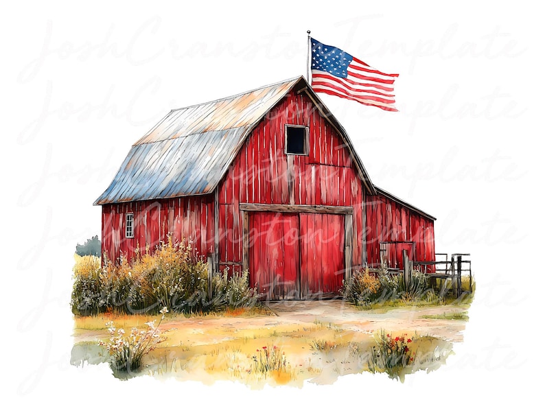 Patriotic Barn Watercolor Clipart, Rustic Americana PNG JPG (Digital Download) image 6