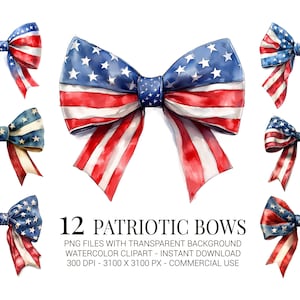 Clipart noeuds patriotiques, 12 PNG de ruban aquarelle rouge blanc bleu pour travaux manuels du 4 juillet, autocollants, sublimation et invitations